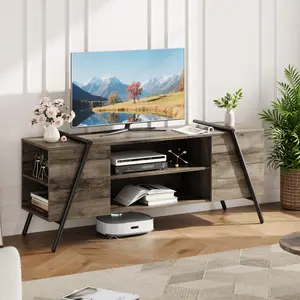 Oak Mid-Century Modern Entertainment Center, 55 Inch Industrial Media Console with Sturdy Metal Legs and Adjustable Open Shelving, Sleek TV Stand Perfect for 50 to 65 Inch Televisions, Functional Home Furniture for Living Room Decor