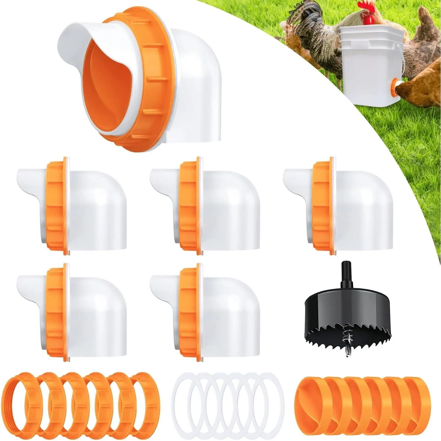 DIY Chicken Feeder No Waste 6 Ports Automatic Poultry Feeder with 6 Pcs Stopper & 1 Hole Saw, Weatherproof Reusable Gravity Chicken Feeder Kits for Buckets, Barrels, Bins, Troughs (Orange)