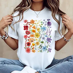 Floral Pattern Print T Shirt White Casual Loose Fit For Everyday Wear And Light Activities