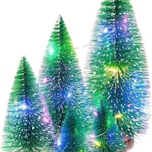 4pcs Tiny Christmas Trees, Mini Artificial Xmas Snow Frost Tabletop Trees, Green Bottle Brush Trees with Wood Bas for Christmas Décor christmas  tree
