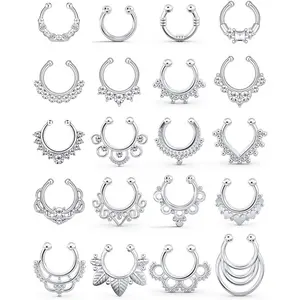 Fake Septum Nose Hoop Rings Clear CZ Faux Non Pierced Clicker Hanger Nose Septum Ring Clip On Body Piercing Jewelry 20PCS