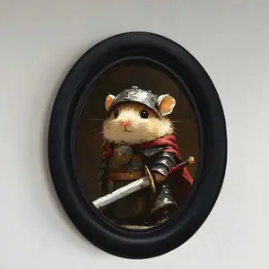 3D Cute Hamster Warrior Vintage Oval Wooden Frame, Handmade Photo Transfer Art for Gothic Home Office Decor, 4.16x5.25 Inches, Hampton Style Medieval Art