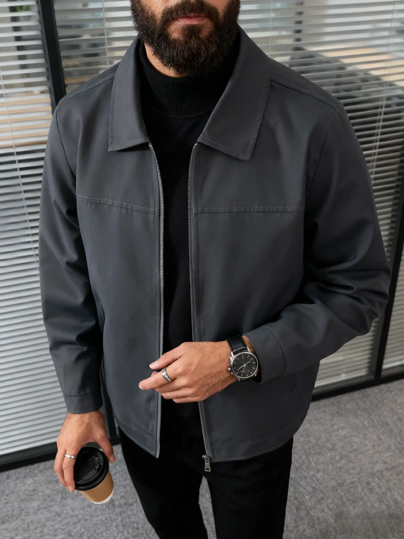 Men's Spring Autumn Casual Jacket, Collared Zipper Jacket, with Zipper Closure, Classic Collar Design, Simple Lightweight Business Jacket, Machine Washable, 100% Polyester Fiber, Easy Care Fabric, Suitable for Daily & Formal Wear
