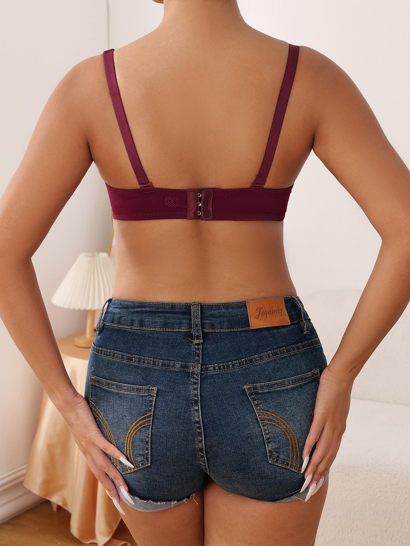 Burgundy Push-Up Bra for Women, Breathable Mesh Underwire Bra with Adjustable Straps, Comfortable Full-Coverage Everyday Bralette