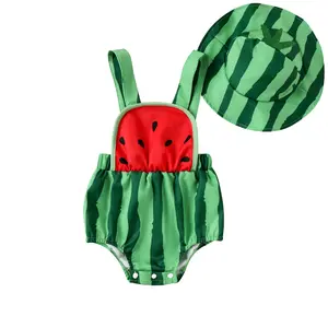 Baby Girl Boy Fruit Romper Summer Clothes Watermelon/Pineapple Square Neck Sleeveless Onesie Overalls with Hat 2 Piece Set
