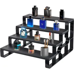 4 Tier Black Wood Perfume Organizer for Dresser, Men's Cologne Stand Shelf Decor for Bedroom Bathroom, Display Riser for Makeup Party Figures Cupcake (Width=11.2")
