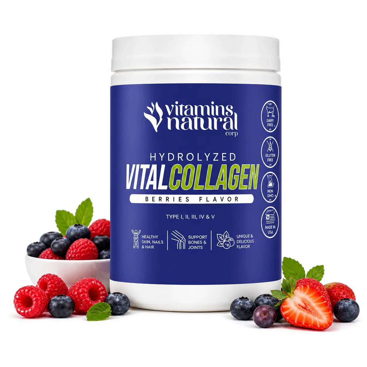 VITAMINS NATURAL CORP Hydrolyzed Vital Collagen Peptides Powder with Vitamin C, Hyaluronic Acid, Biotin and Resveratrol – Daily Beauty and Wellness Formula – Berries Flavor – 300g