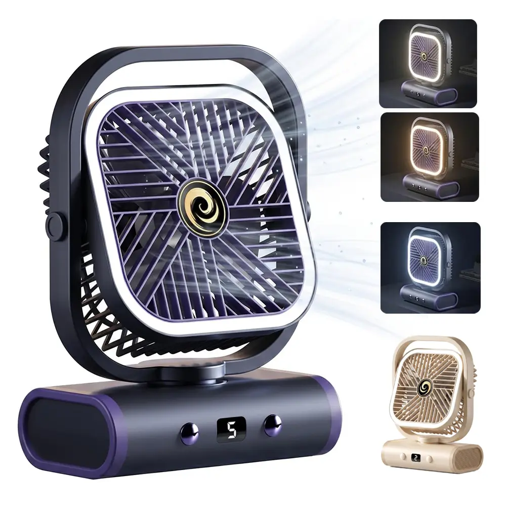 USB Desk Fan for Bedroom – 5 Speeds, 90° Oscillating, 2400mAh Rechargeable, Quiet Table Fan with Night Light, Small Desktop Fan for Home Office Travel