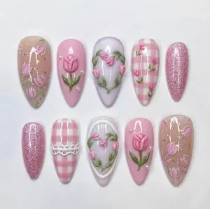Handmade Pink Tulip Press On Nails, 3D Floral Nail Set, Pastel Gingham & Vintage Flower Accents, Nails For Soft Cottagecore Vibes