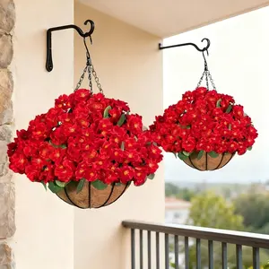 Coconut Fiber Hanging Basket, Hanging Flowers Basket, Camellia Geranium Hanging Floral Arrangement, Outdoor Garden Balcony Decor, No-Maintenance Faux Plant