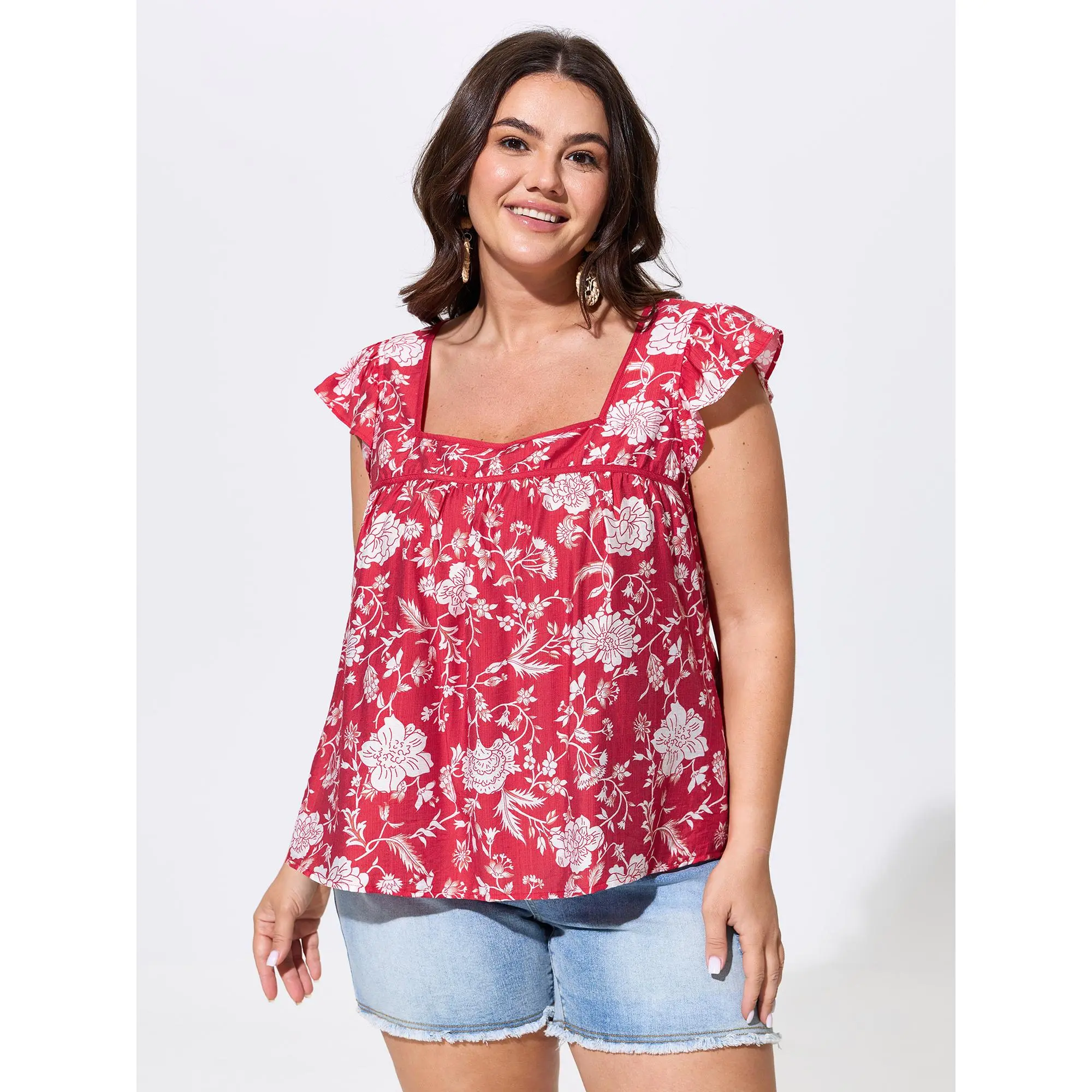 BloomChic Plus Size Elegant Ditsy Floral Blouse Shirt, Bohemian Ruffled Cap Sleeves Dressy Casual Cropped Garment in Smooth Rayon-Nylon Fabric, Dressy Casual Tops, Cropped Top