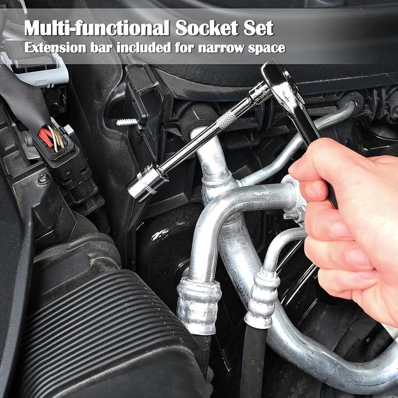 46-piece set 1/4 inch drive socket ratchet wrench set, S2 position CR-V socket metric and extension rod, suitable for automotive repair and household comprehensive tool kit, easy to organize