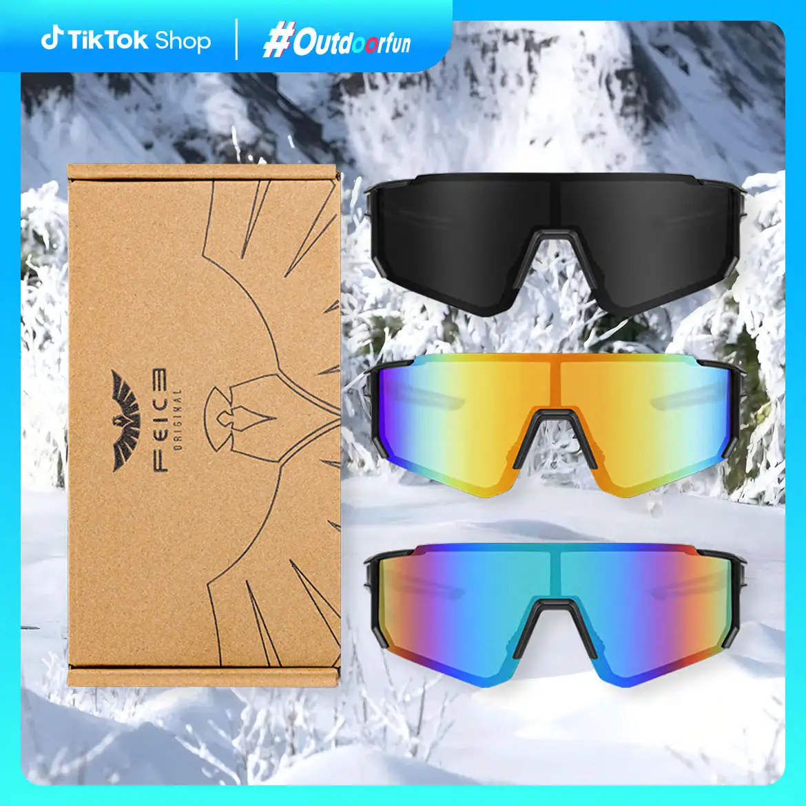 FEICE 3-Pack One-Piece Windproof Goggles | Sporty Sunglasses for Men & Women | Daily Outing, Biking, Skiing, Travel | Blue-Black Lens