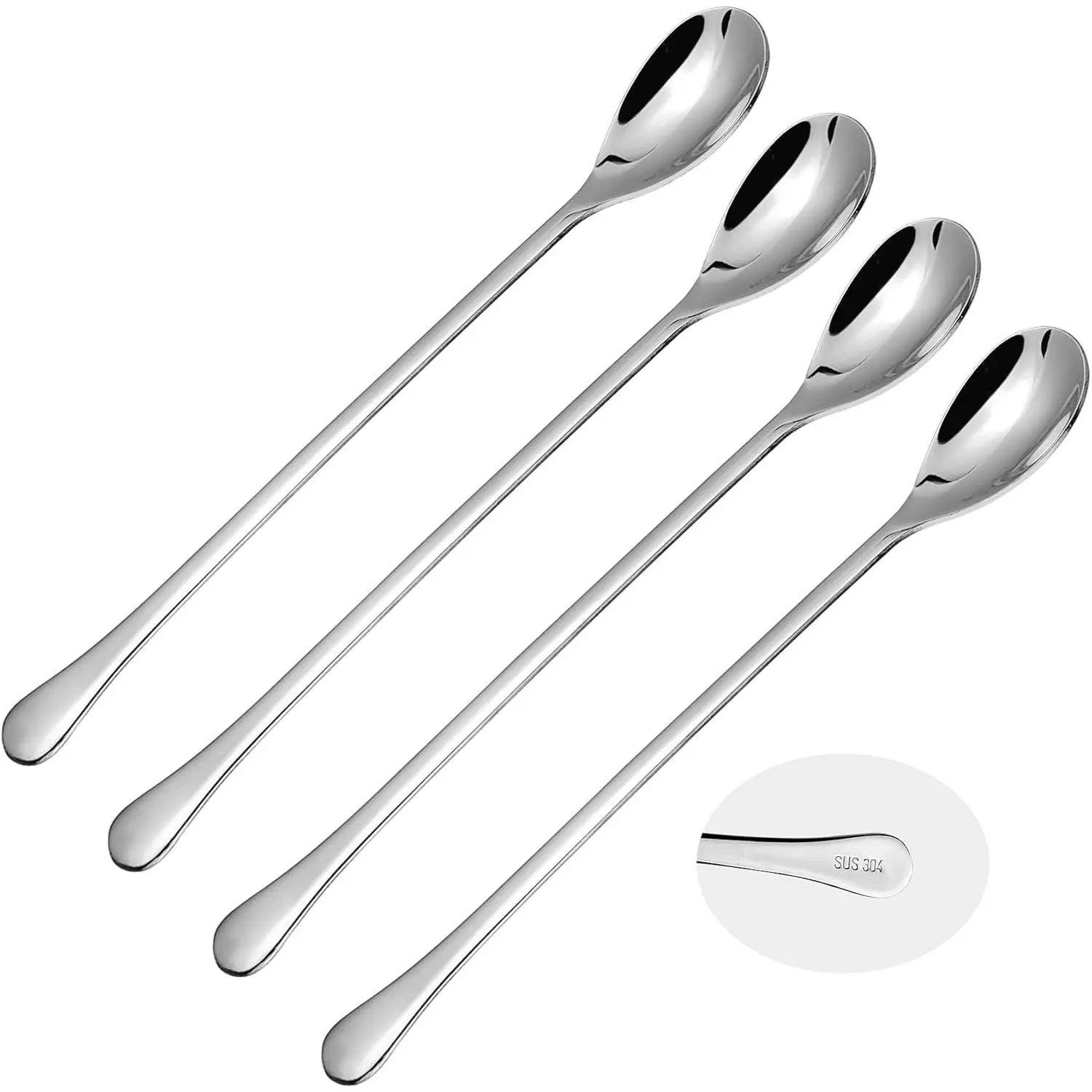 Ice  Spoon,304 Stainless Steel Long Coffee Spoons for Coffee Bar,8-Inch Long Handle Mixing Spoon,Bar Spoon  Mixing Stirrers for Drink (4, Silvery)