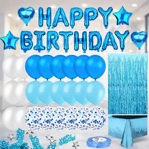 Blue Birthday Party Decorations – Happy Birthday Banner, Sky Blue Fringe Curtain, Foil Tablecloth, Heart & Star Confetti Balloons and Table Confetti for Birthday Party Backdrop Decor
