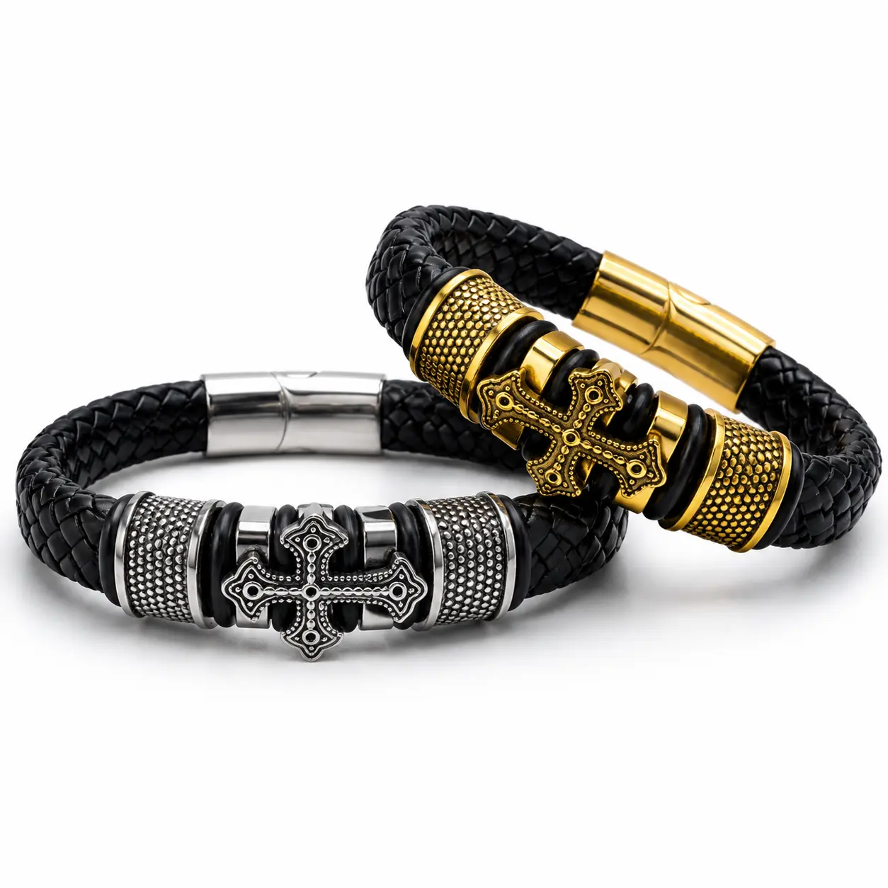 Men's Cross Leather Bracelet with Magnetic Clasp, Braided Black Wristband Punk Jewelry