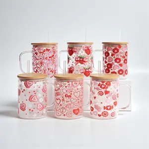 Sip-Sip Hooray! 17oz Valentine’s Day Glass Mug – Aesthetic Heart Drinkware with Lid & Plastic Straw, Romantic Iced Coffee Cup, Gift for Coffee Lovers Water Bottle