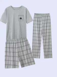 Men's Lightweight Pajama Sleepwear Set, Round Neck Plaid Print Short Sleeve Top and Shorts Pants, Summer Casual Homewear Home Wear Loungewear Three-Piece Suit Pjs