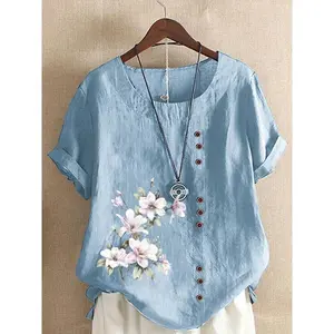 Vintage Cotton Linen Printed Loose Casual Short Sleeve Women’s Shirt Top Womenswear