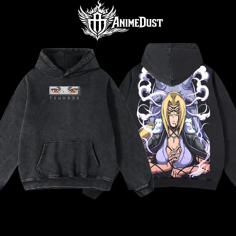 Men's Classic Oversized Washed Cotton Tsunade Legendary Sannin Round Neck T-Shirt - Casual Menswear Hoodie-Inspired Seamless Top with Purple Sage Back Graphic, Pocket, Spandex-Polyester Stretch Fabric, Chinese New Year Anime Fan Gift