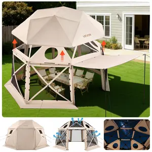 【DealsForYouDays】VEVOR Pop up Gazebo Screen Tent, 15 x 15 ft, 13-Sided Spherical Camping Canopy Tent with Removable Top & Carry Bag, Quick-Set & Bite-Proof, Screen House Sun Shelter for 12-15 Persons, Beige