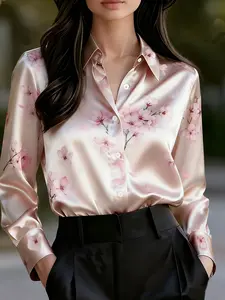 Women's Fashion Gentle Print Satin Shimmer Blouse, Office Date Versatile Shirt, Elegant Silk-Like Top for All Occasions