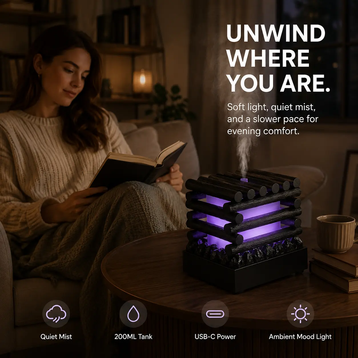 200ML Diffuser Humidifier with Warm Light, Stacked Log Design Cool Mist Essential Oil Diffuser, USB-C Powered Desktop Humidifier for Bedroom, Office & Home Decor