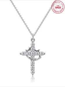 925 Sterling Silver Simple Cross & Crown Design Pendant Necklace, Cross Necklaces, Fashion Jewelry for Party, Daily Clothing Decor, Trendy All-match & Exquisite Jewelry for Gift