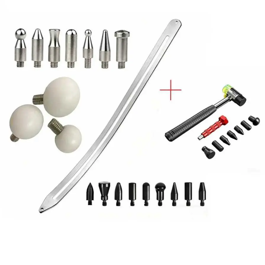 Paintless Car Dent Removal Kit Set, Dent Puller with Curved Rod, Crowbar, Rubber Hammer, Detachable Repair Pens, Replacement Heads for Automotive Fender Repair