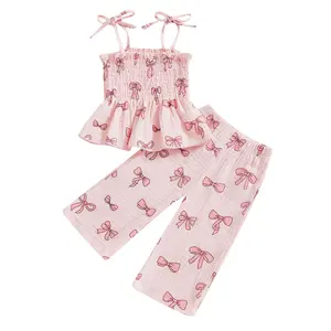 Baby Girl Spring Set Sleeveless Smocked Lacing Strap Camisole Elastic Waistband Pants 2-Pieces Heart/Bow Outfits