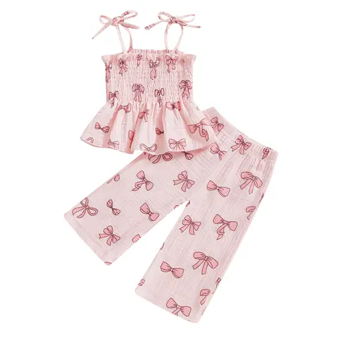 Baby Girl Spring Set Sleeveless Smocked Lacing Strap Camisole Elastic Waistband Pants 2-Pieces Heart/Bow Outfits