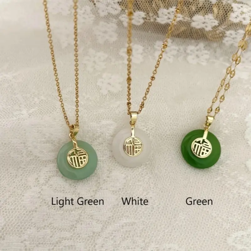 18K Gold Jade Necklace - Light Green, White, Green Options Available - Elegant Jewelry Choice