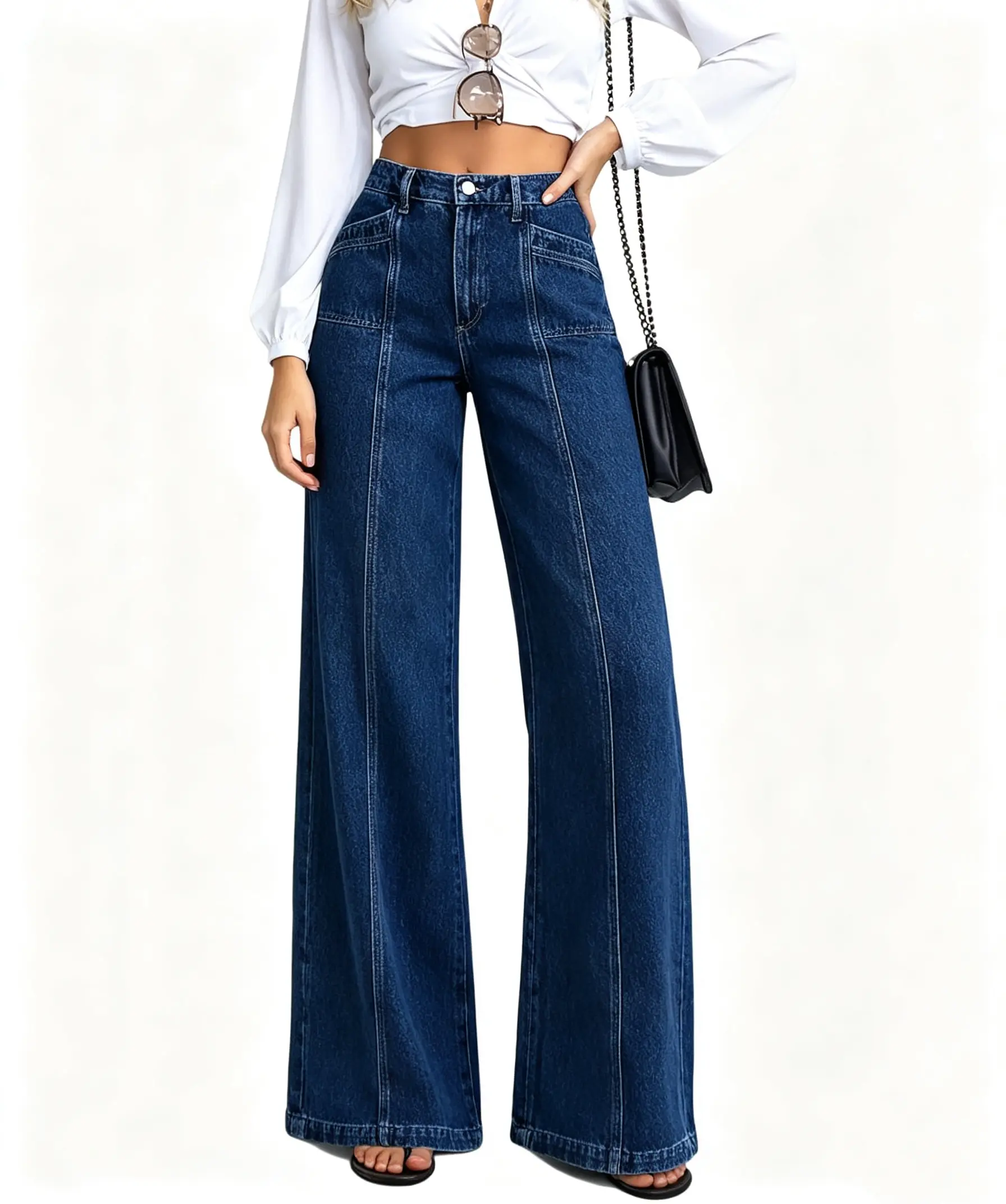Women 's Wash Wide Leg loose jeans Fashion Solid ColorVintageDenim Trousers for Party Reunion Casual Wear