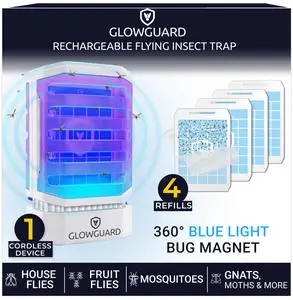 GlowGuard-X Rechargeable Fly Trap Kills Fruit Flies, Mosquitos, & Gnats — Shockless Silent Indoor Bug Zapper & Fruit Fly Trap —  Gnat & Mosquito Catcher for Home, RV, or Camping — Includes 1 Trap + 4 Dual-Sided Glue-Card Refills— People & Pet Safe