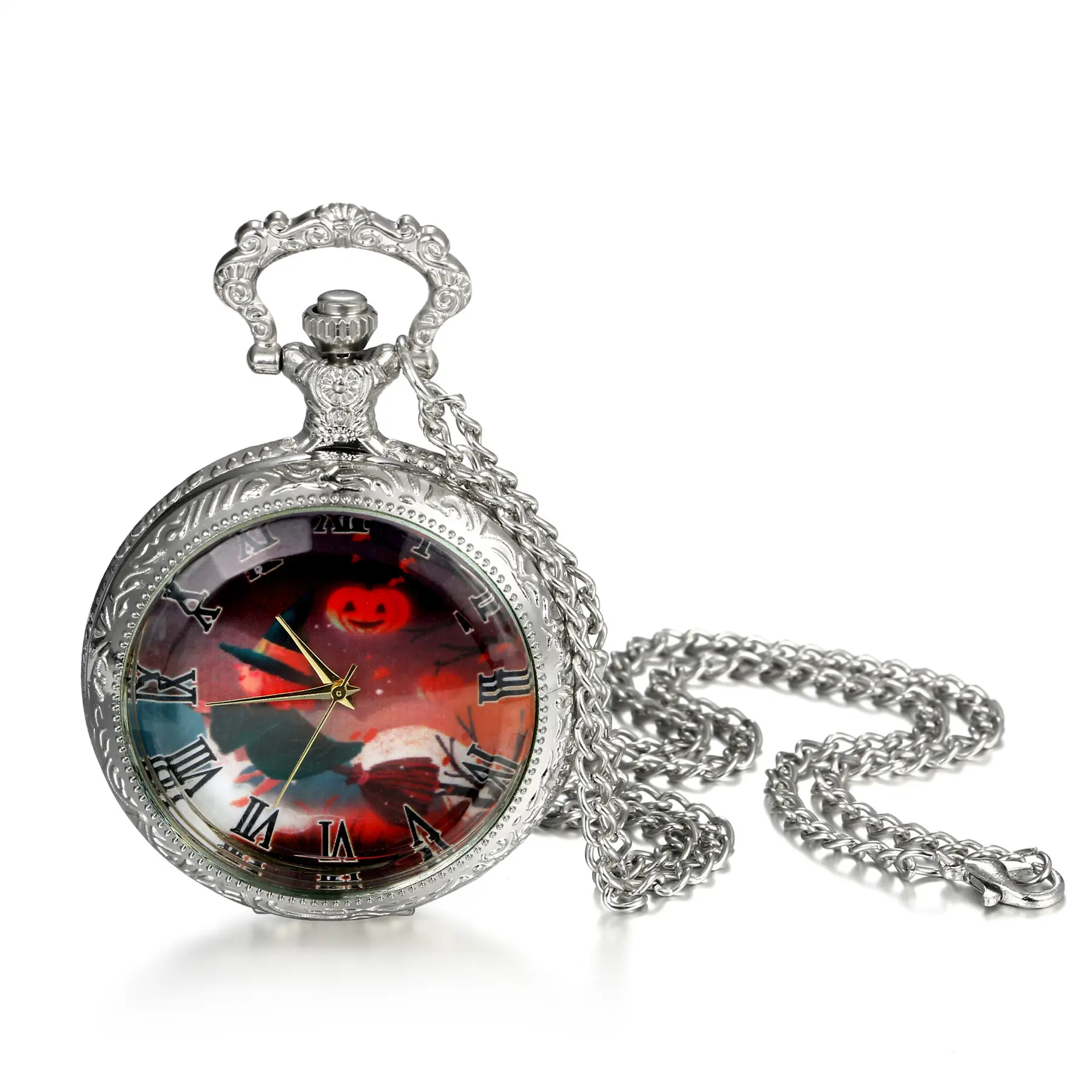OIDEA Pumpkin Witch Pocket Watch, Halloween Quartz Silver Tone Necklace Watch, Clear Lid with Colorful Witch-Pumpkin Dial, Festive Gift