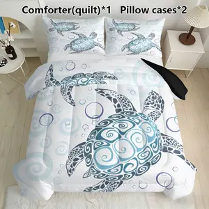 Tribal Sea Turtle Bedding Set, Includes 1 Comforter & 2 Pillowcases, Coastal Ocean Decor, Feather Silk Cotton Material