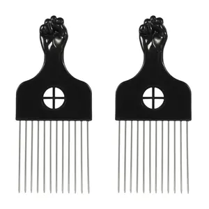 VOCOSTE 2pcs Metal Hair Pick, Metal African Hair Picks, Afro Hair Pick Comb for Women and Men, Afro Comb for Fluffy, Thick, Curly Hair, Black Silver Tone, 6.61"x2.83"