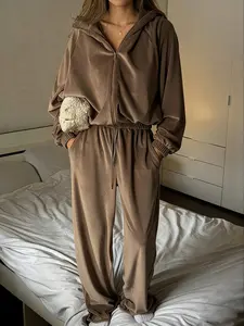 Women's Velvet Two-Piece Set, Solid Color Zipper Casual Long Sleeve Top & Elastic Waist Drawstring Pants, Fall Home & Outdoor Sportswear, Sweatsuit Outfits, Sweatsuit Set