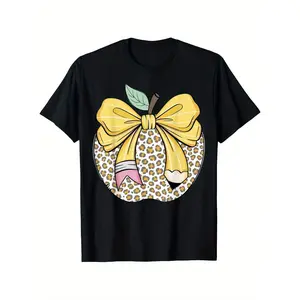 Menswear Short-Sleeve Round-Neck Cotton Black T-Shirt, Simple Casual Loose Fit, Teacher Coquette Pencil Bow and Apple Design, for Men and Women