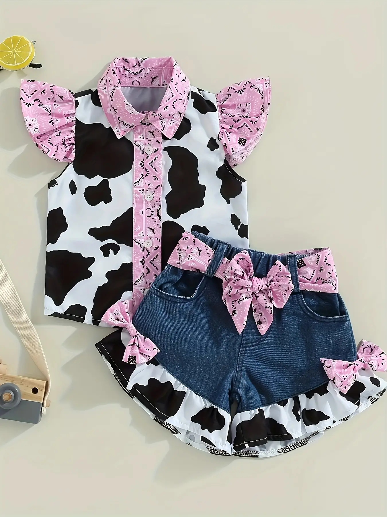 SCKTOO High Quality Toddler Girl Cowgirl Outfit Set, 1 x Cotton Blend Soft Ruffle Cow Print Button Down Top, Matched Top+Shorts with Belted Denim Jeans Shorts (Baby Western Clothing)