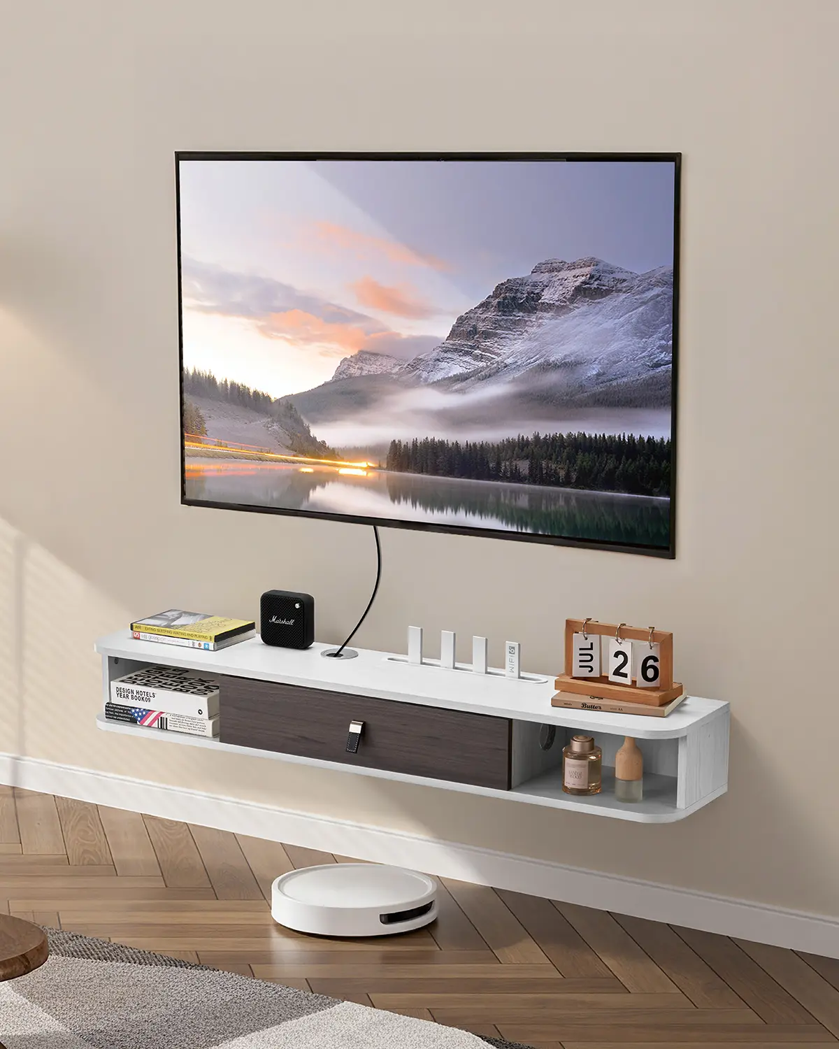 【SummerFinds】VEVOR Floating TV Stand - 47 in TV Wall Mount Entertainment Center for Living Room, Particle Board Console with Cable Hole, Storage Cabinet for DVD Player, Cable Box, Game Console, White, Tv Stand Living Room