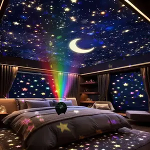RGB Color Changing USB-Powered Star Moon Night Light Projector, Voice Control Starry Sky Ceiling Wall Lighting with Copper Finish, Low Voltage No Laser Bedside Cool Room Decor, Indoor Sleep Aid Glow