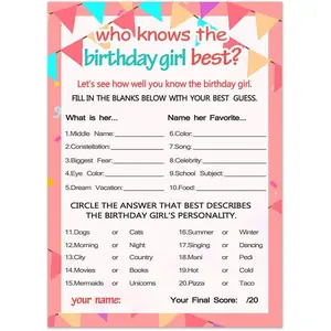 Who Knows The Birthday Girl Best, Birthday Girl Games - 20 Game Cards