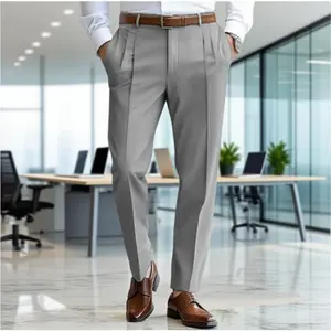Men'sbusinessfashionslimfitsolidcolorslantedpocketdoublepleatedstraightlegsuitpants