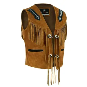 Unisex Suede Leather Fringe Vest - Western Cowboy V-Neck Vest with Long Fringe, Beaded Accents & Pockets for Men & Women