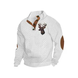 fall outfits Men's autumn and winter fashion jacquard diamond-patterned color-blocking top and hoodie, Christmas hit reindeer print, semi-open button design, brown patches on the elbows, high-quality outfit