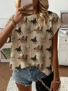 Summer Round Neck Short Sleeve Knit Top, Loose Fit Colorblock Horse Print, Casual Elegant Commuter, Bikini Cover-Up, Womenswear