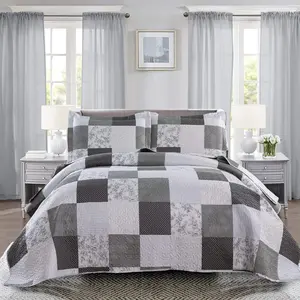 Floral Set Full/Queen Size Patchwork Bedding Set Flower Reversible Bedspread Morden Lightweight Coverlet Grey White Black Bed Cover Sets with 2 Pillow Shams