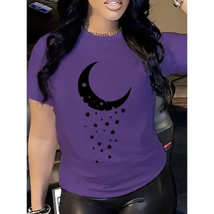 100% Cotton Women's Purple T - Shirt Moon And Stars Graphic Tee Dreamy And Celestial Top With 10 Colors Available For Casual Daily Wear Outings And Fashion - Forward Style Statements