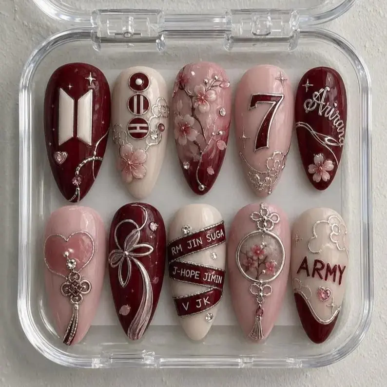 Handmade ARIRANG World Tour Nails, BTS Cherry Blossom Press On Nails, OT7 ARMY Concert Nails, Burgundy Pink Korean Floral Gel Nail Set